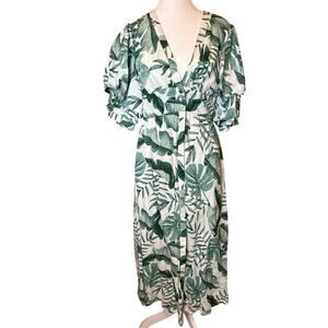 Johanna Ortiz x H&M | Linen Blend Midi Green Palm Leaf Floral Dress | Sm